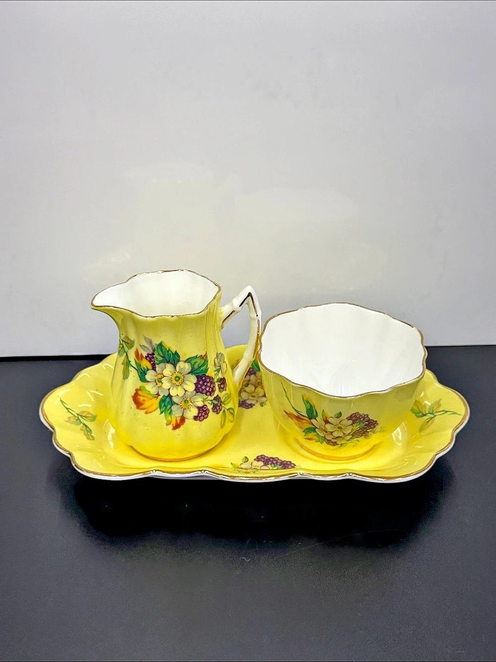 Vintage 1950s Old Royal Bone China Creamer Sugar Bowl & Tray Yellow Floral Engla